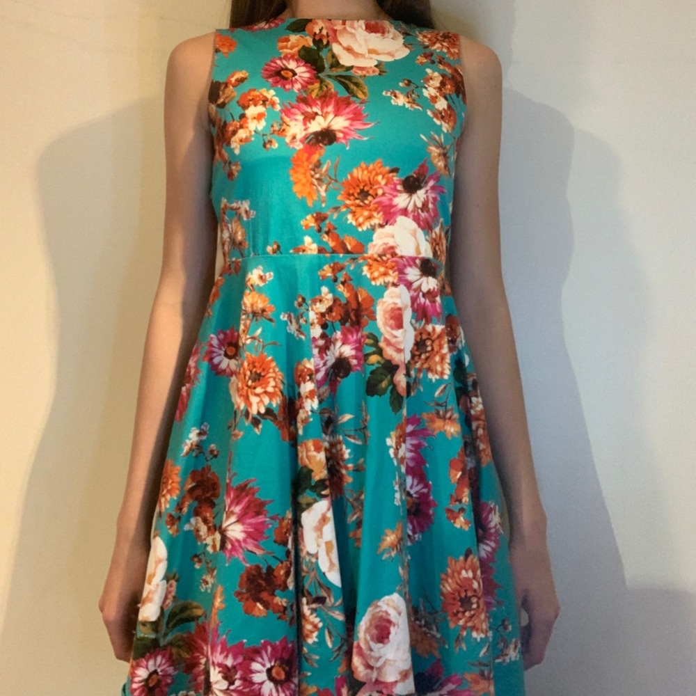 Kate Kasin Turquoise Floral Fit & Flare Dress